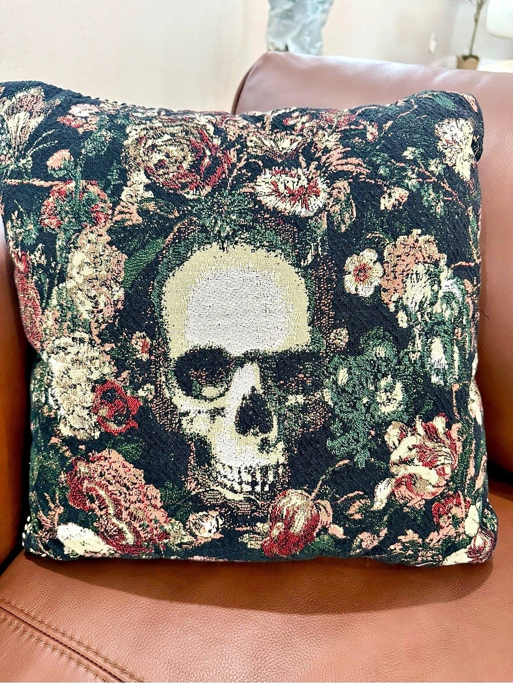 Floral Skull Accent Pillow Halloween Decor! gothic black & multi color Like New